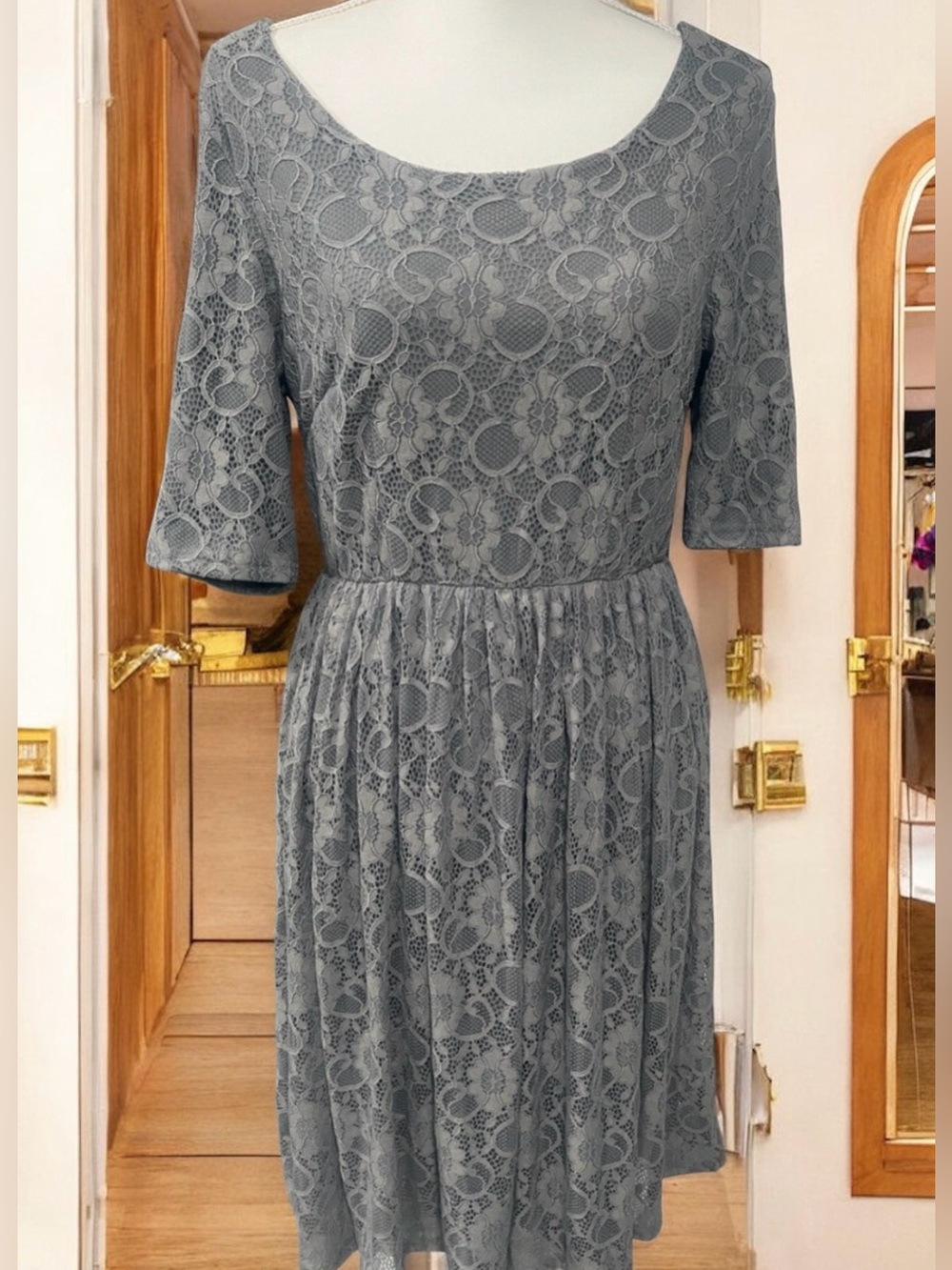 Mikarose Gray Lace Midi Fit-and-Flare Dress